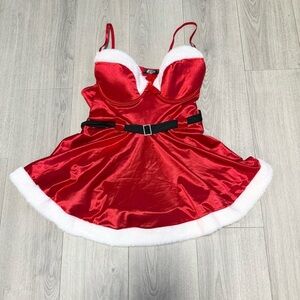 Yandy Santa Helper Lingerie Holiday Red Satin Faux Fur Trim Dress 1X 2X